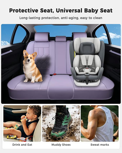 Huidasource Leather Car Seat Covers Full Set, Full Coverage Universal Fit for Most Cars SUVs Trucks, Easy Install with Velcro, Airbag Compatible, Retains Seat Functions & Cupholders, Purple