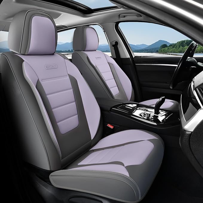 Coverado Car Seat Covers Front, Seat Covers for Cars, Waterproof 2-Pack Car Seat Cushions, Leather Carseat Seat Protectors, Universal Seat Covers Fit for Most Sedans SUV Pick-up Trucks(Gray&Purple)