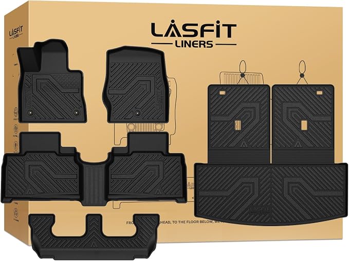 LASFIT Floor Mats & Cargo with Backrest Mat for Ford Explorer 7 Seats 2020-2025 2026 7 Passenger(Not Fit 6 Seats), Custom Fit All Weather Protector TPE Easy Clean Floor Liners, 5pcs Full Set Black