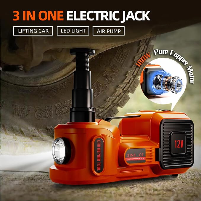 Car Jack Electric Hydraulic Jack 5Ton 155-450mm 3in1 Lift Inflator LED Light 12V Portable Outdoor Home Emergency Tire Change Roadside Rescue Tool for Sedan SUV MPV