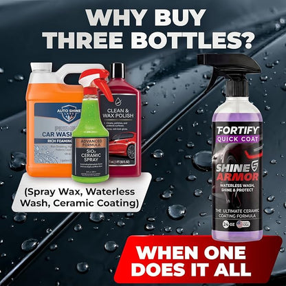 SHINE ARMOR Fortify Quick Coat: 3-in-1 Waterless Car Wash Spray with Ceramic Coating - Car Wax, Paint Protector, and Cleaner for Trucks, Bikes and SUVs, Made in USA, 16floz