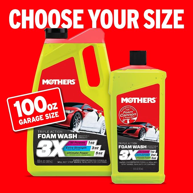 Mothers Triple Action Foam Wash, 100 oz. — pH Balanced, Eco-Friendly, Super-Sudsy, Foam Cannon, Safely Clean Without Stripping Wax, Sealant or Coating, Remove Dirt & Grime, Super Concentrated (05610)