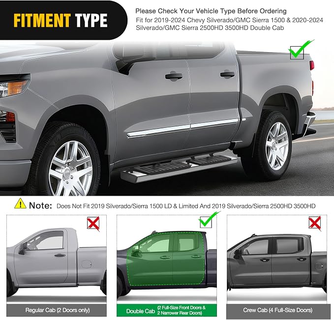 Nilight Running Boards for 2019-2026 Chevy Silverado/GMC Sierra 1500 Double Cab 2020-2026 Silverado/GMC Sierra 2500HD 3500HD 6 Inch Stainless Steel Bolt-on Side Step Nerf Bars