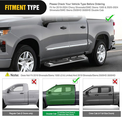 Nilight Running Boards for 2019-2026 Chevy Silverado/GMC Sierra 1500 Double Cab 2020-2026 Silverado/GMC Sierra 2500HD 3500HD 6 Inch Stainless Steel Bolt-on Side Step Nerf Bars