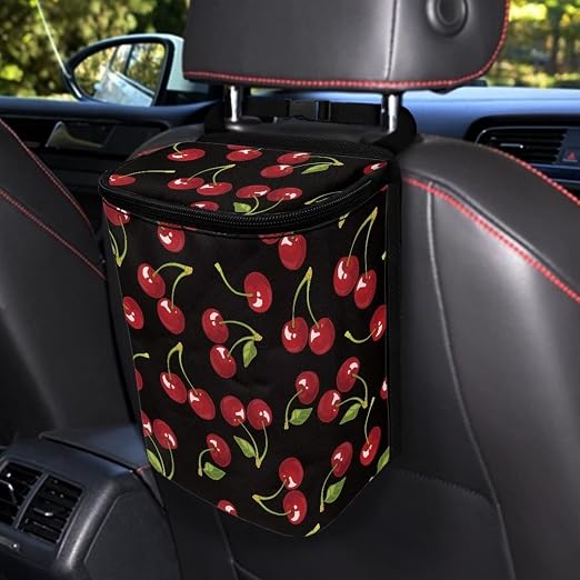 Talayituse Black Cherry Pattern Car Trash Can with Lid, Leak Proof Auto Trash Bag Hanging Vehicle Garbage Can Multipurpose Storage Container for Back Seat Road Trip