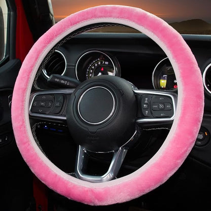 KAFEEK Pink Elastic Fuzzy Steering Wheel Cover,Microfiber Plush Steering Wheel Cover for Woman Girl,Winter Warm, Universal 15 inch