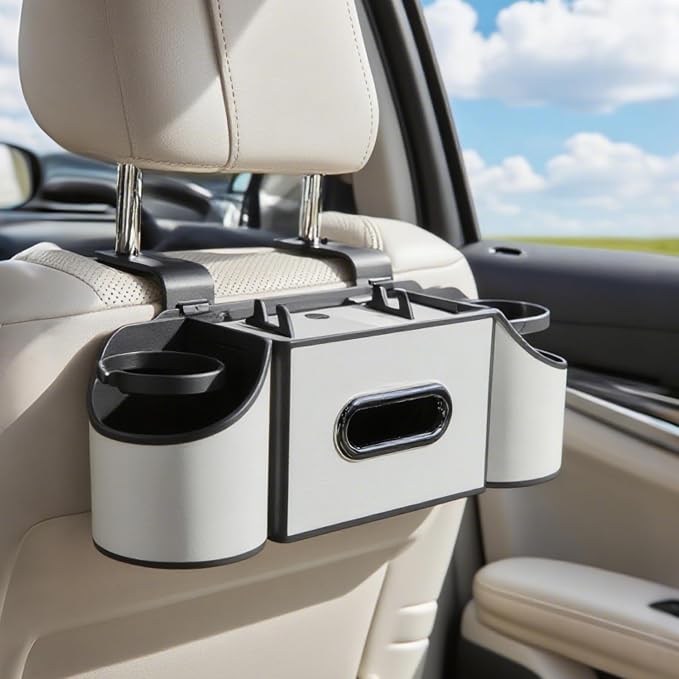 Back Seat Car Organizer,4 in 1 Multifunctional Car Back Seat Storage Box with Drink Cup Holder Tissue Box, for Hold Phone,Snacks, Drinks, Handbag-White