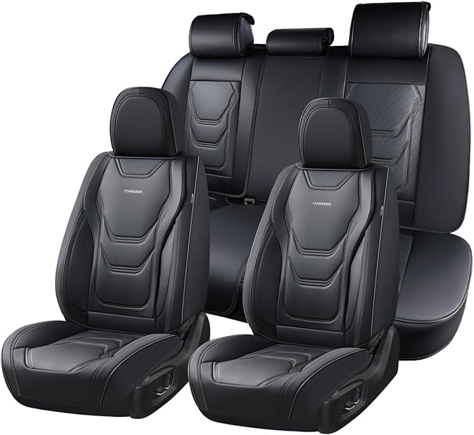 Coverado Car Seat Covers Full Sets, 5 Piece Car Seat Protector Waterproof Leather Seat Cushion Universal Fit for Truck Automotive Vehicles Black