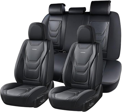 Coverado Car Seat Covers Full Sets, 5 Piece Car Seat Protector Waterproof Leather Seat Cushion Universal Fit for Truck Automotive Vehicles Black