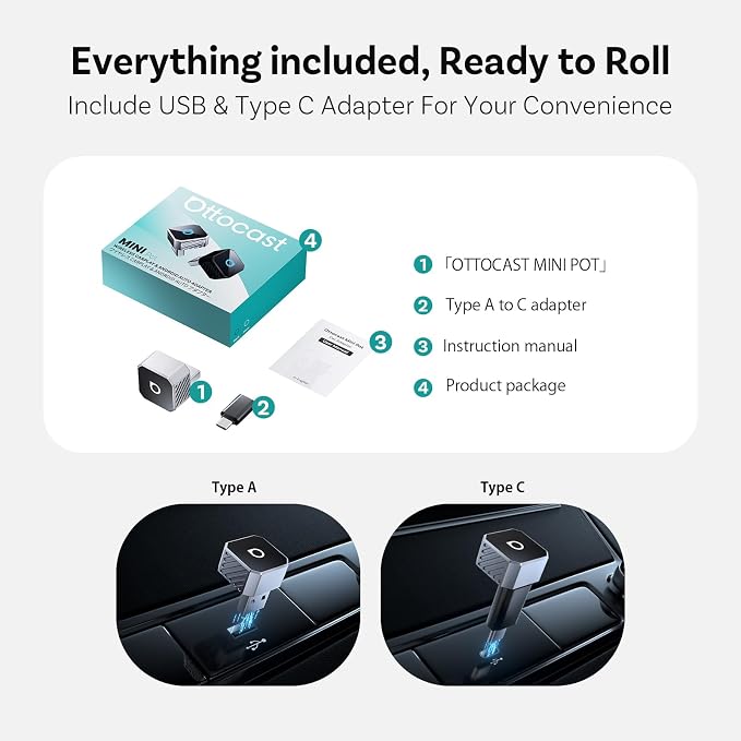 OTTOCAST Mini 3.0 (Pot) 2025 Wireless CarPlay & Android Auto 2-in-1 Adapter, Plug & Play, 5GHz WiFi, Auto Connect for iPhone & Android, Fits 98%+ OEM Wired CarPlay Cars