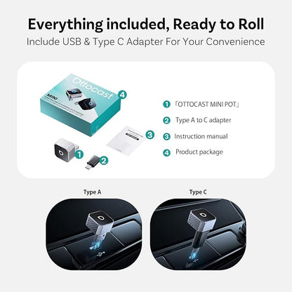 OTTOCAST Mini 3.0 (Pot) 2025 Wireless CarPlay & Android Auto 2-in-1 Adapter, Plug & Play, 5GHz WiFi, Auto Connect for iPhone & Android, Fits 98%+ OEM Wired CarPlay Cars