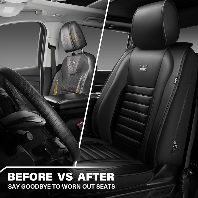 CAR PASS Nappa Leather Car Seat Covers Front Seats, Luxury Seat Protector for Cars, Waterproof Anti-Slip Seat Cushion Airbag Compatible Universal for Sedan SUV Pick-up Truck Automotive Vehicle, Black
