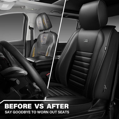 CAR PASS Nappa Leather Car Seat Covers Front Seats, Luxury Seat Protector for Cars, Waterproof Anti-Slip Seat Cushion Airbag Compatible Universal for Sedan SUV Pick-up Truck Automotive Vehicle, Black