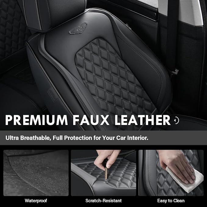 Coverado Full Set Car Seat Covers, Black Leather Seat Protectors, Luxury Front & Back Car Seat Covers,Waterproof Universal Fit, Automotive Seat Covers for Most Cars-Black