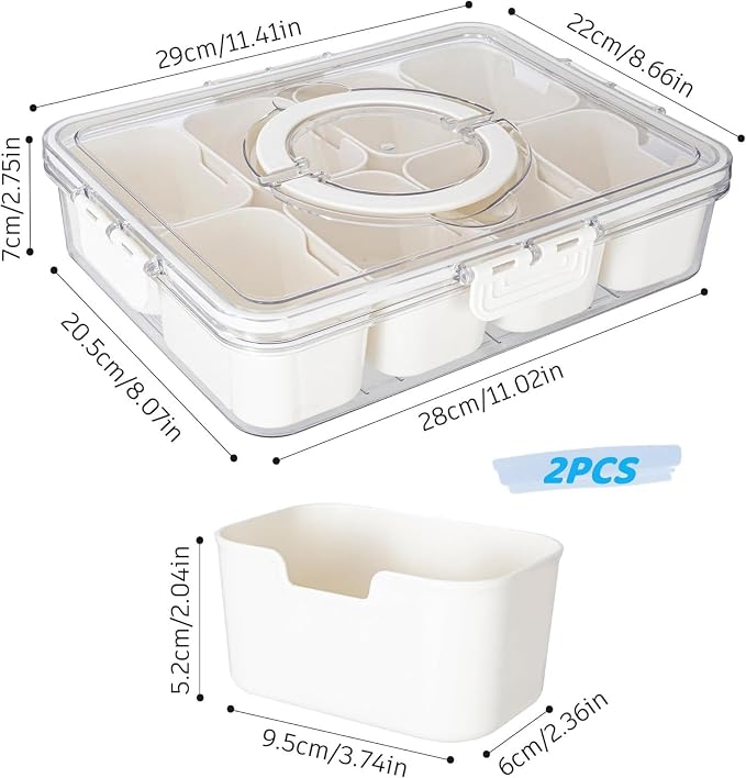 WACOI Divided Snack Serving Tray with Lid and Handle Travel Snackle Charcuterie Container Portable Storage Organizer for Candy, Fruits, Nuts, Snacks, Party, Picnic 2 Packs White