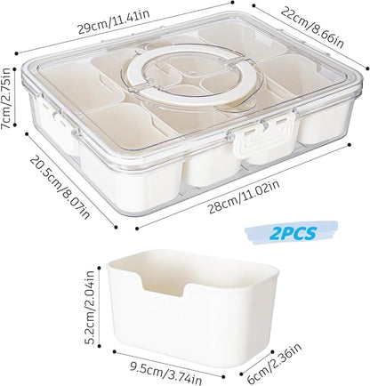 WACOI Divided Snack Serving Tray with Lid and Handle Travel Snackle Charcuterie Container Portable Storage Organizer for Candy, Fruits, Nuts, Snacks, Party, Picnic 2 Packs White