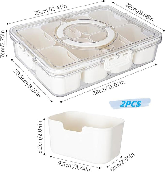 WACOI Divided Snack Serving Tray with Lid and Handle Travel Snackle Charcuterie Container Portable Storage Organizer for Candy, Fruits, Nuts, Snacks, Party, Picnic 2 Packs White
