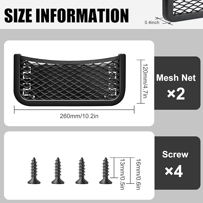 ABS Plastic Frame Automotive Cargo Nets Car Net Pocket Phone Car Mesh Net Holder RV Storage Boat Cargo Pocket Organizer Framed Mesh Net Pocket with Screws for Auto RV Net(2, 10 x 4.7 Inch)