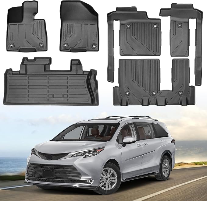 Floor Mats & Cargo Liner for 2021-2025 Toyota Sienna (Only for 8 Seats), All Weather TPE Floor Liners Custom Fit Sienna LE XLE Heavy Duty Car Mats 1st & 2nd & 3rd & Trunk Mat Accessories Black