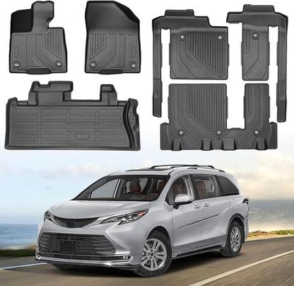 Floor Mats & Cargo Liner for 2021-2025 Toyota Sienna (Only for 8 Seats), All Weather TPE Floor Liners Custom Fit Sienna LE XLE Heavy Duty Car Mats 1st & 2nd & 3rd & Trunk Mat Accessories Black