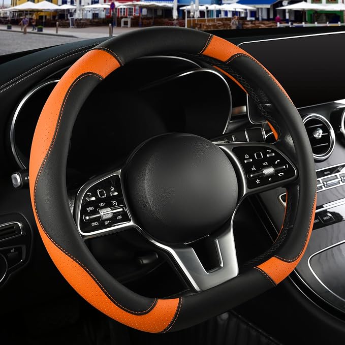 Microfiber Leather D Shaped Steering Wheel Cover, Breathable, Anti Slip, 13.5 inch to 14 inch, Black with Orange