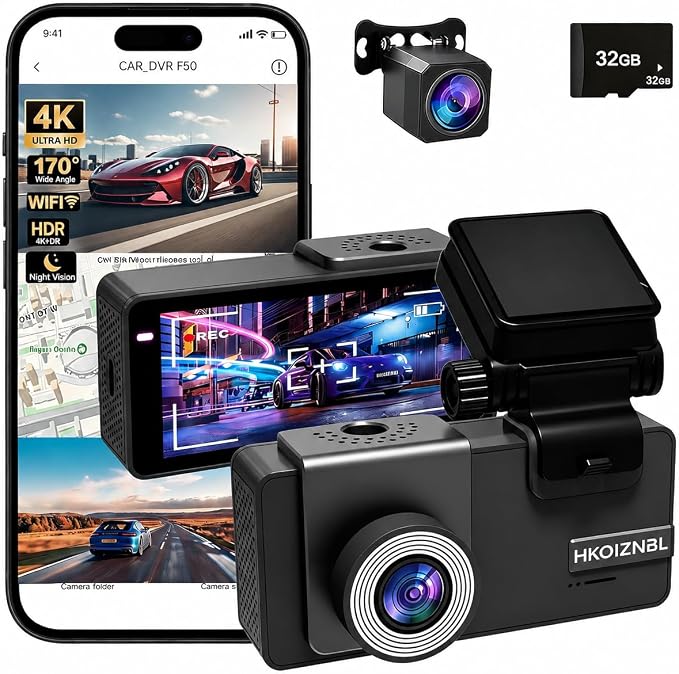 𝟒𝐊+𝟐.𝟓𝐊 Dash Cam Front and Rear, Free Card Included, 5.8GHz WiFi-25MB/s Fast Download, Dash Camera for Cars with WDR,F1.4 Large Aperture Super Night Vision,3.69-inch IPS LCD, 24H Parking Mode