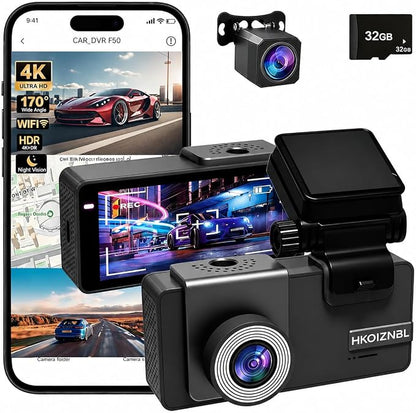𝟒𝐊+𝟐.𝟓𝐊 Dash Cam Front and Rear, Free Card Included, 5.8GHz WiFi-25MB/s Fast Download, Dash Camera for Cars with WDR,F1.4 Large Aperture Super Night Vision,3.69-inch IPS LCD, 24H Parking Mode