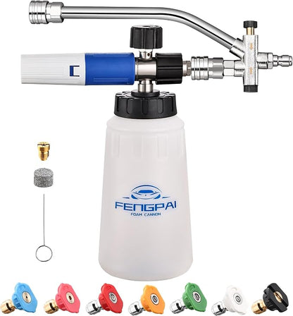 FENG PAI Foam Cannon for Pressure Washer with Dual Connector Accessory & 7 Sprayer Nozzles, Dual Lance Soap Cannon, Double Tip Soap Attachment for Foam Blaster, 1/4" Quick Connect, 3600 PSI (White)