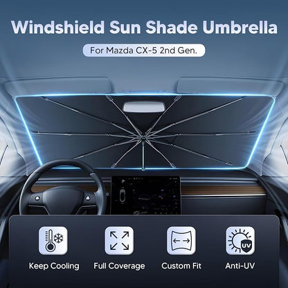 Autorder Windshield Sun Shade Umbrella for 2017-2025 2026 Mazda CX-5 CX5 Accessories,Upgraded Ice Crystal Material,Easy Setup Umbrella Sunshade for Car Windshield,100% Sun Blocking