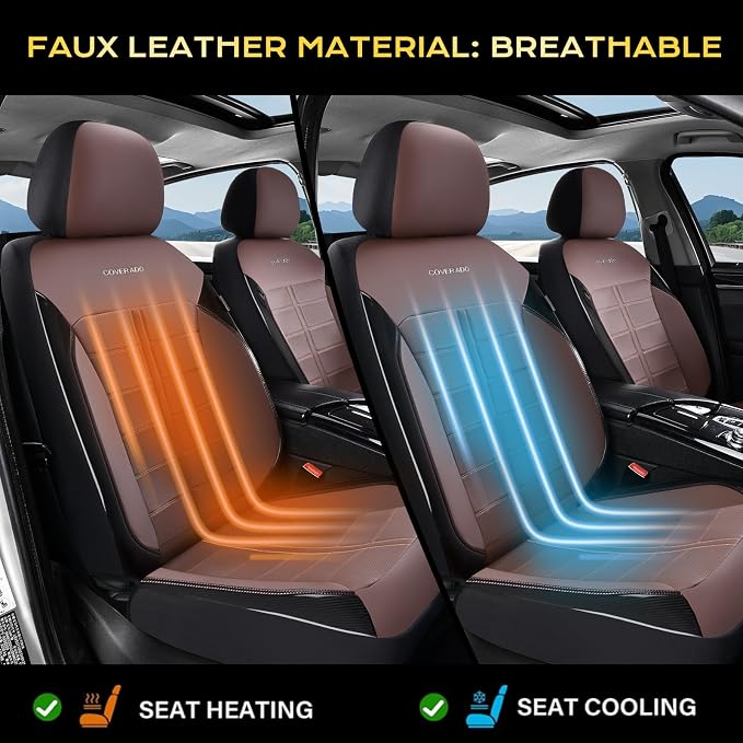 Coverado Full Set Leather Car Seat Covers, Crafted with Full Leather Construction and Carbon Fibre Weave Universal Fit for Most Cars SUV Trucks(Coffee