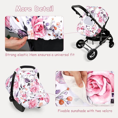 Winter Car Seat Cover Baby with Sunshade & Dual Zipper Windows - Minky Bubble Lined Windproof Soft Shell, Warm Newborn Car Seat Canopy Covers, Elastic Bottom for Stroller & Infant Car Seat, Floral