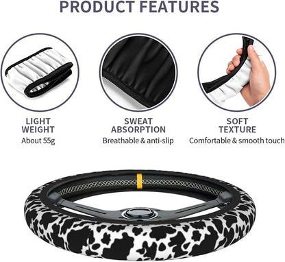 Cow Print Steering Wheel Cover - 15 Inch, Anti-Slip, Breathable Universal Car Steering Wheel Protector - Auto Accessory for Women & Men