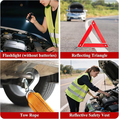 Car Roadside Emergency Kit, Vehicle Truck Safety Emergency Road Side Assistance Kits with Jumper Cables, Red