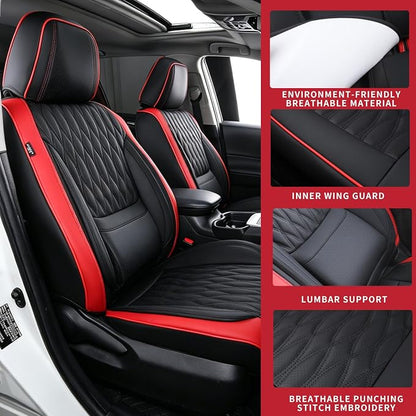 Car Seat Covers , Luxury Breathable Waterproof Faux Leatherette Car Seat Covers Cushion Protectors with Lumbar Support, Car Seat Cushion, Universal Fit Most Cars (Black-Red, Front Seats - 2 PCS)