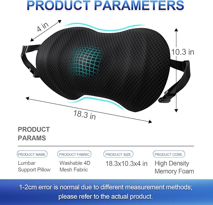 Lumbar Support Pillow, Ergonomic Back Cushion for Office Chair with Adjustable Straps & Detachable Breathable Cover,Memory Foam Car Lumbar Pillow, Back Support Pillow for Car, Office,Bed Rest(Black)