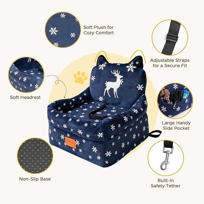 Dog Booster Car Seats for S/M Dogs Up to 35lbs,Pet Car Seat/Travel Bed with Washable&Removable Cover,Storage Pockets,Dog Safety Belt and Elevated Cushion Fits in Front/Back Seat