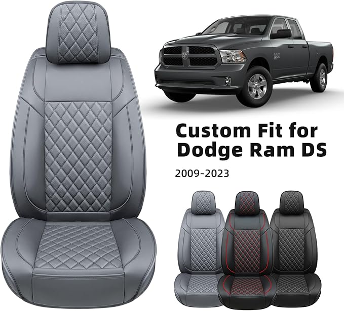 FREESOO Car Seat Covers Full Set for Dodge Ram 2002-2018 1500 & 2011-2026 2500 3500 Crew Quad Cab, 2019-2024 Ram 1500 Classic Leather Seat Cover, with Curved Bench, Grey