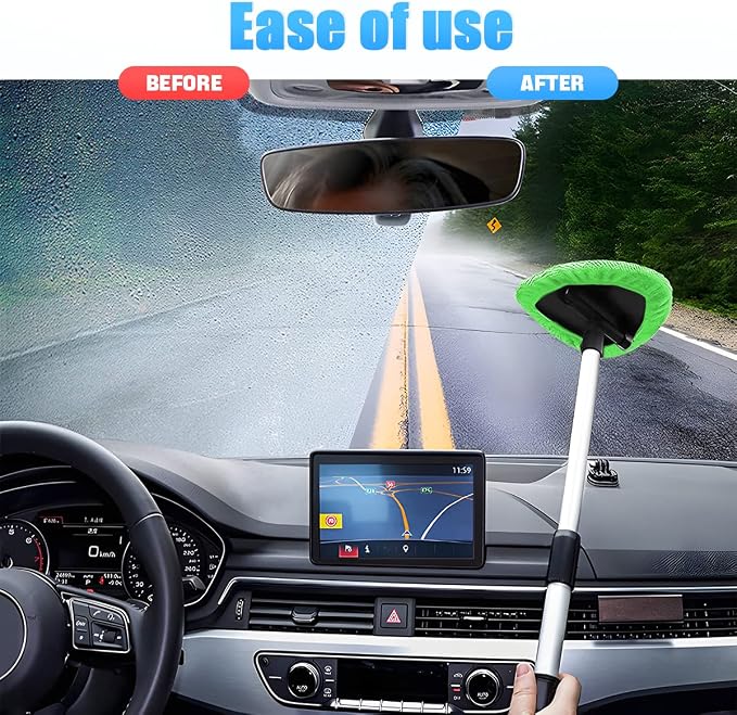 Windshield Cleaning Tool, Car Window Cleaner with Extendable Long Handle and 4 Washable Reusable Microfiber Pads, Auto Interior Exterior Glass Wiper Cleaning Kit Universal for Office and Home (Green)