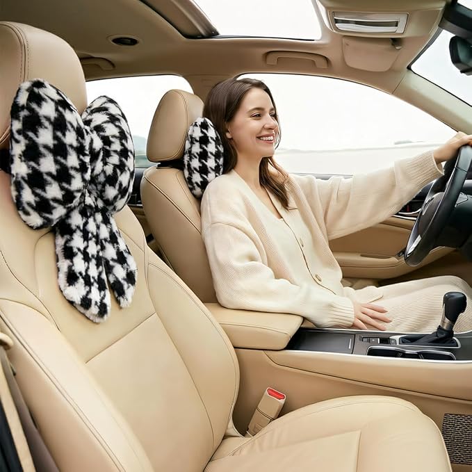 Sexysamba 2 Pcs Plush Bow Car Headrest Neck Pillow Cute Bow Pillow for Car Seat Décor Soft Neck Support for Comfortable Driving Traveling Office Fluffy Head Rest Cushion, Black Houndstooth