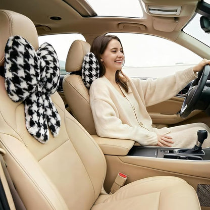 Sexysamba 2 Pcs Plush Bow Car Headrest Neck Pillow Cute Bow Pillow for Car Seat Décor Soft Neck Support for Comfortable Driving Traveling Office Fluffy Head Rest Cushion, Black Houndstooth
