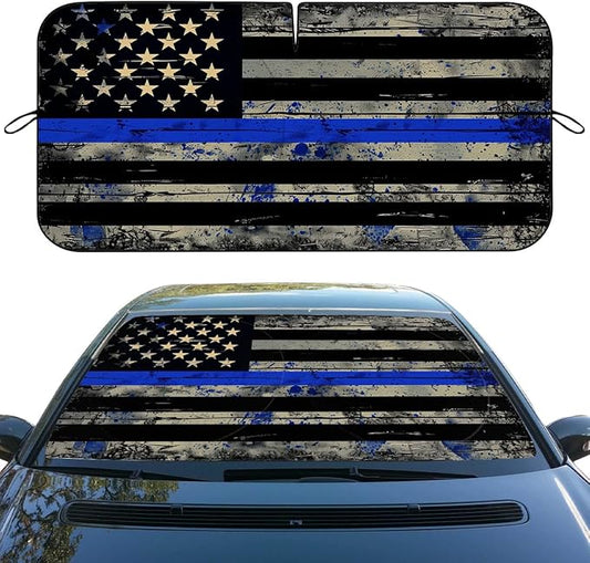 Thin Blue Line USA Flag Car Windshield Sunshade Folding Retro Police Heatshield Front Window Car Sun Shade Windshield Rays Sun Shade Visor Protector for Car Sedan Truck SUV Accessories 59x31.5 Inch
