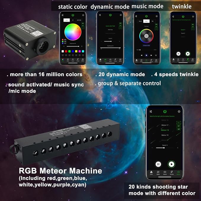 AZIMOM 16W Twinkle & Sound Activate 600pcs*0.03in*13.1ft Fiber Optic Starlight Headliner Kits+RGB Meteor Shooting Star,APP& Remote Control Light Engine End Glow Fiber Strands Home Car Ceiling Décor