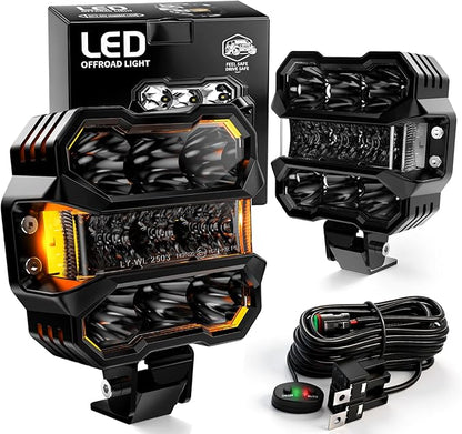 AUDEXEN 4.5 Inch LED Pods Lights 110W - Offroad Driving Light with Amber Side Marker, 800% Bright White & Amber Combo Work Lights Flood Spot Beam, LED Cubes Fog Lamp for Jeep Trucks ATV UTV RZR SUV