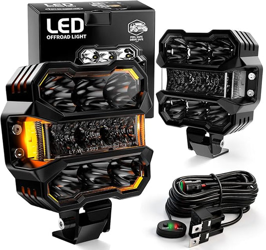 AUDEXEN 4.5 Inch LED Pods Lights 110W - Offroad Driving Light with Amber Side Marker, 800% Bright White & Amber Combo Work Lights Flood Spot Beam, LED Cubes Fog Lamp for Jeep Trucks ATV UTV RZR SUV