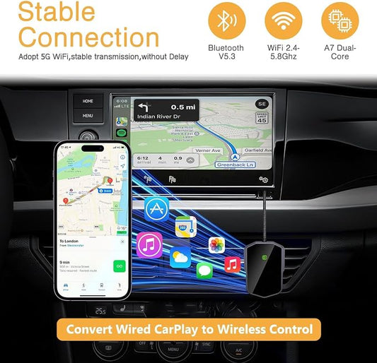 Wireless CarPlay Adapter for iPhone, Seamless Connection for Convert Wired to Wireless Car Play Adapter, Wireless Bluetooth Apple Car Play, Plug & Play for Cars from 2017 & iPhone iOS 10+