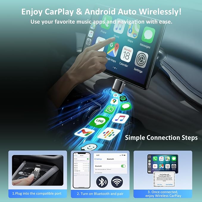 OneCarStereo Wireless CarPlay Adapter, Android Auto Wireless Adapter for iPhone & Android, Plug & Play, Fast Auto Reconnect, Convert Wired CarPlay to Wireless, for Cars with Factory Wired CarPlay