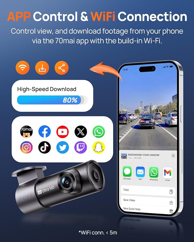 70mai M310 Plus 4K Dash Cam Front with Night Vision, 140° Wide Angle Dash Camera for Cars, WiFi Dashcam with App, Parking Mode, G-Sensor, Loop Recording, Voice Control, Easy Install Car Camera