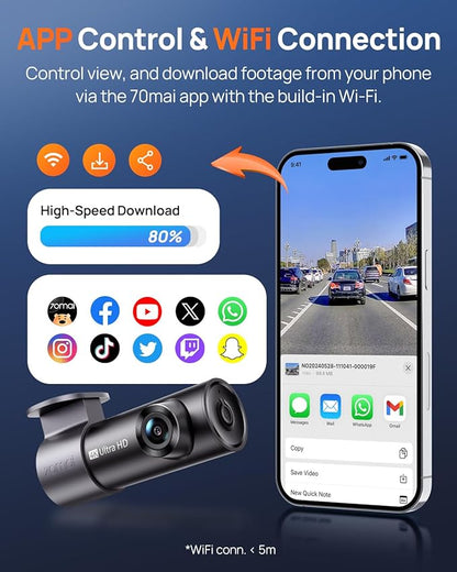 70mai M310 Plus 4K Dash Cam Front with Night Vision, 140° Wide Angle Dash Camera for Cars, WiFi Dashcam with App, Parking Mode, G-Sensor, Loop Recording, Voice Control, Easy Install Car Camera