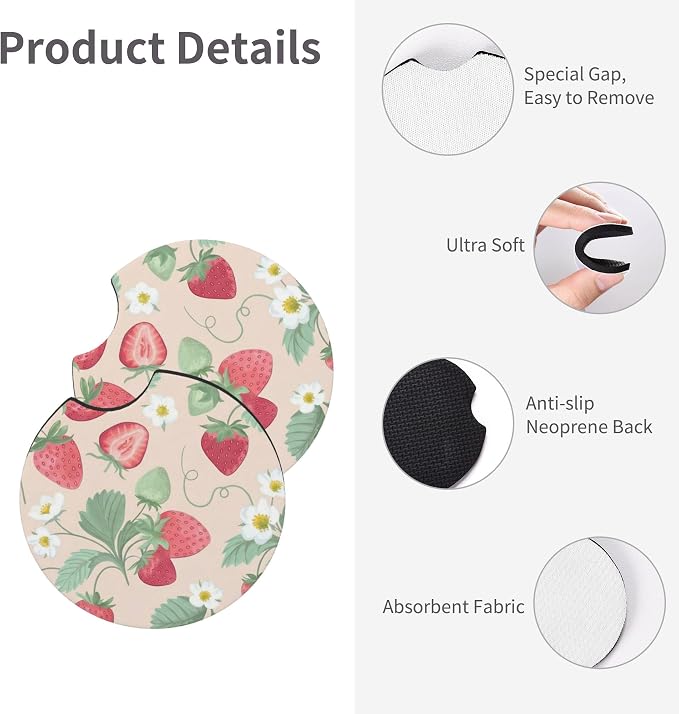 Strawberry Flowers Steering Wheel Cover - Strawberry Flower Steering Wheel Cover for Women Cute Car Breathable Universal for 14-15 Inch Anti-Slip 2 Pieces Car Coasters