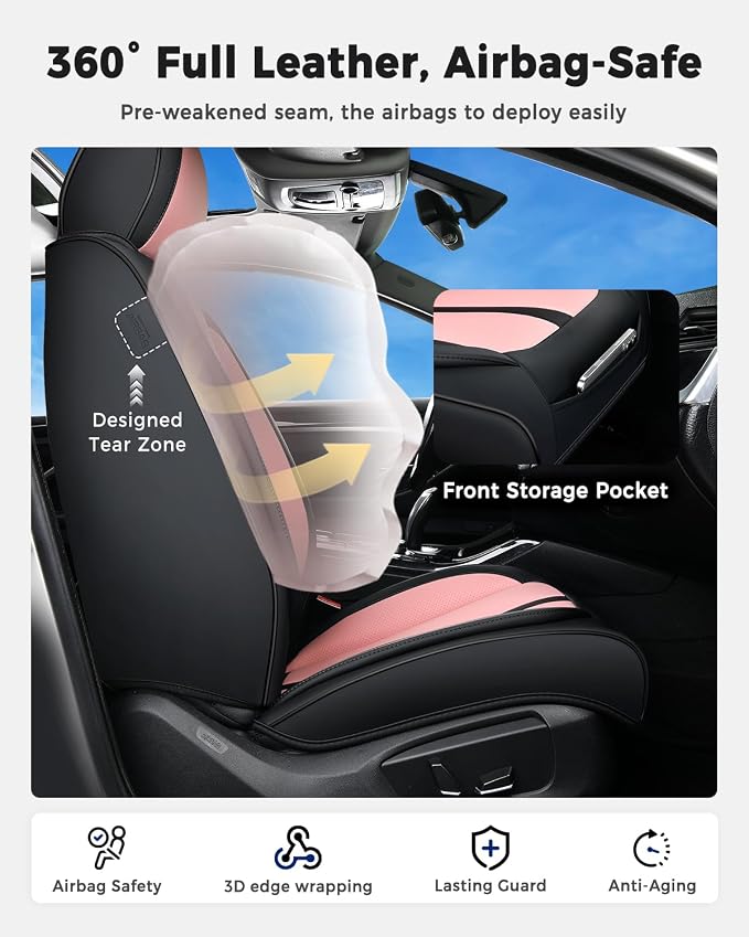 Huidasource Seat Covers Full Set Luxury Nappa Leather, Seat Covers with Velcro Adjustable, Airbag, Lumbar Support, Cooling＆Heating, Car Seat Cover Set Universal Fit for Most Cars SUV Trucks Black＆Pink